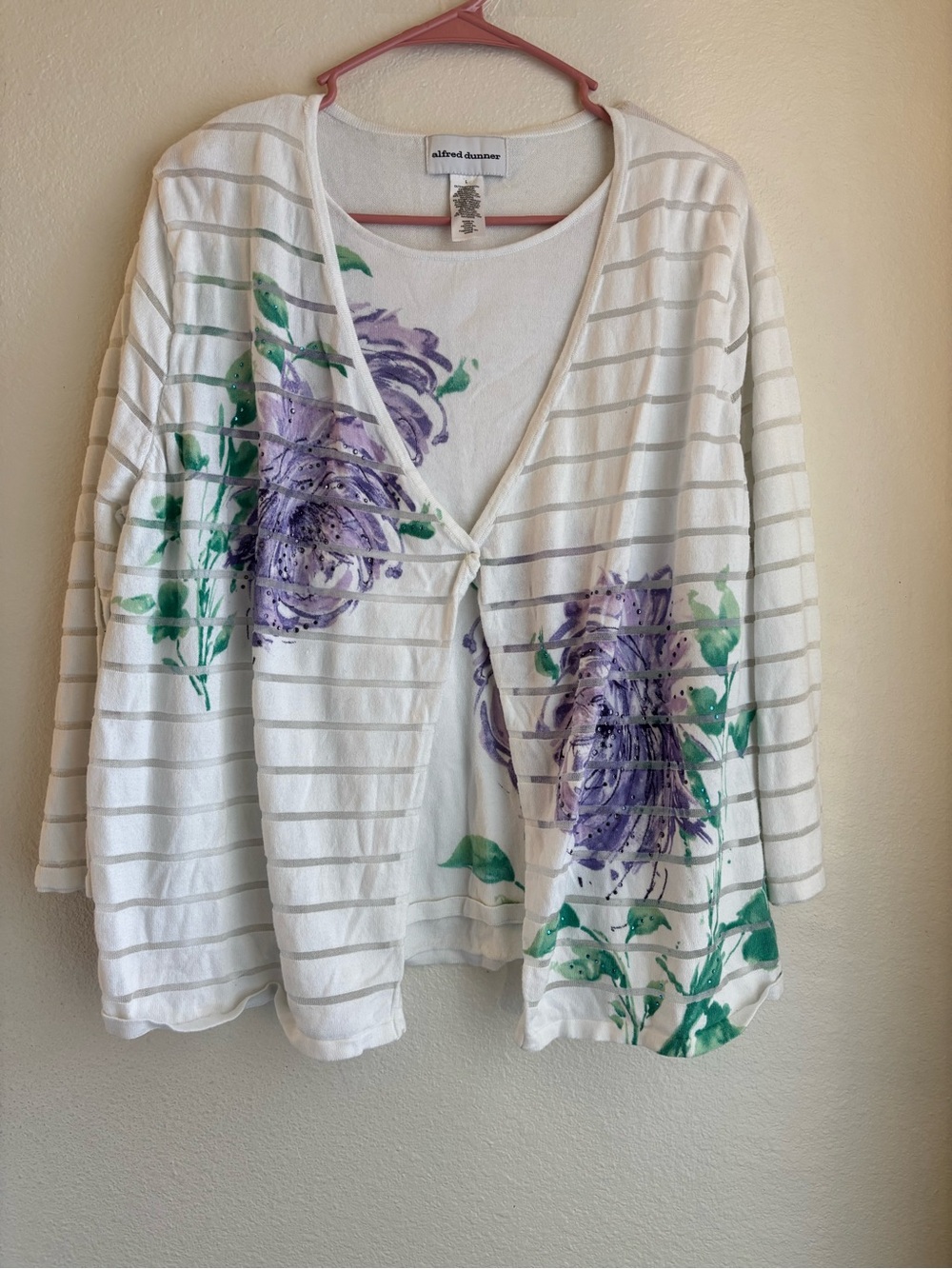 Alfred Dunner Floral Open Front Cardigan Top White Purple Metallic Stripe